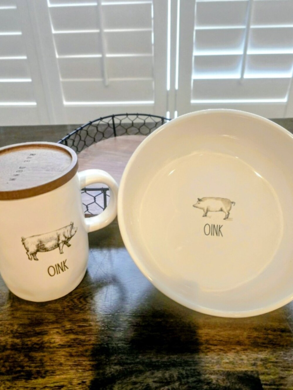 Rae Dunn White 'Oink' Ceramic Mug & Bowl Set with Pig Illustration